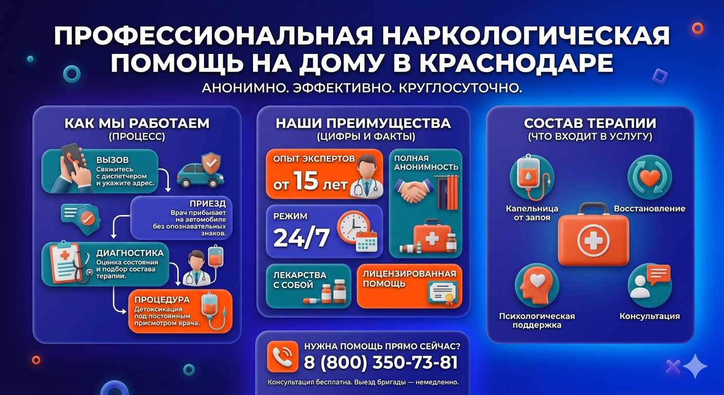 Инфографика о принципах лечения алкоголизма на дому в Кумертау: этапы вызова нарколога, преимущества анонимной детоксикации и состав медицинской помощи.